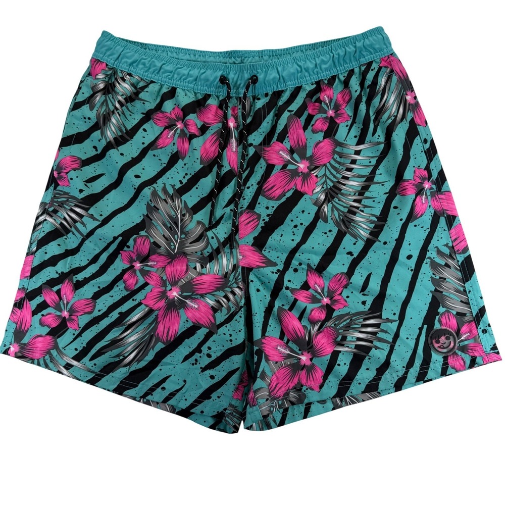 Neff Mens XL Board Shorts Teal Pink Floral Zebra Stripe Tropical Swim Trunks